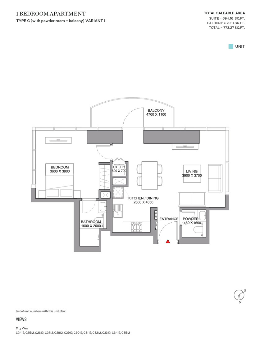 Type C, with Powder Room & Balcony, Variant 1
