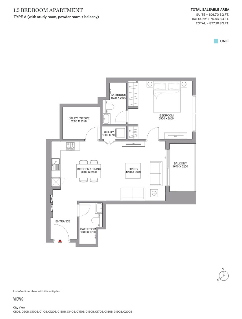 Type A, with Study Room, Powder Room & Balcony