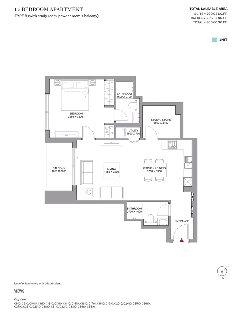 Type B, with Study Room, Powder Room & Balcony