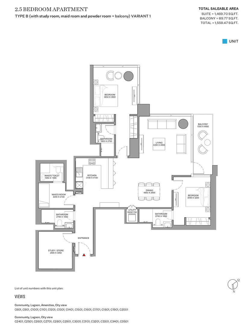 Type B, with Study Room, Maid Room and Powder Room & Balcony, Variant 1
