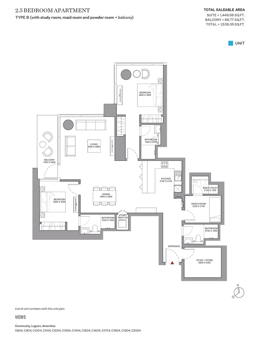 Type B, with Study Room, Maid Room and Powder Room & Balcony