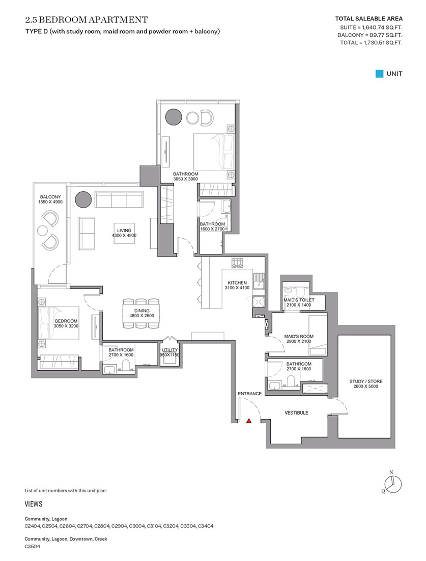 Type D, with Study Room, Maid Room and Powder Room & Balcony