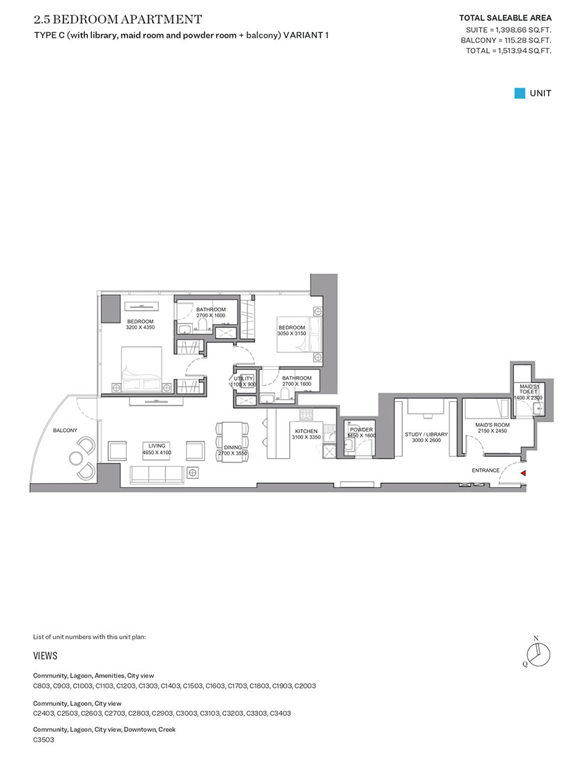 Type C, with Library, Maid Room and Powder Room & Balcony, Variant 1