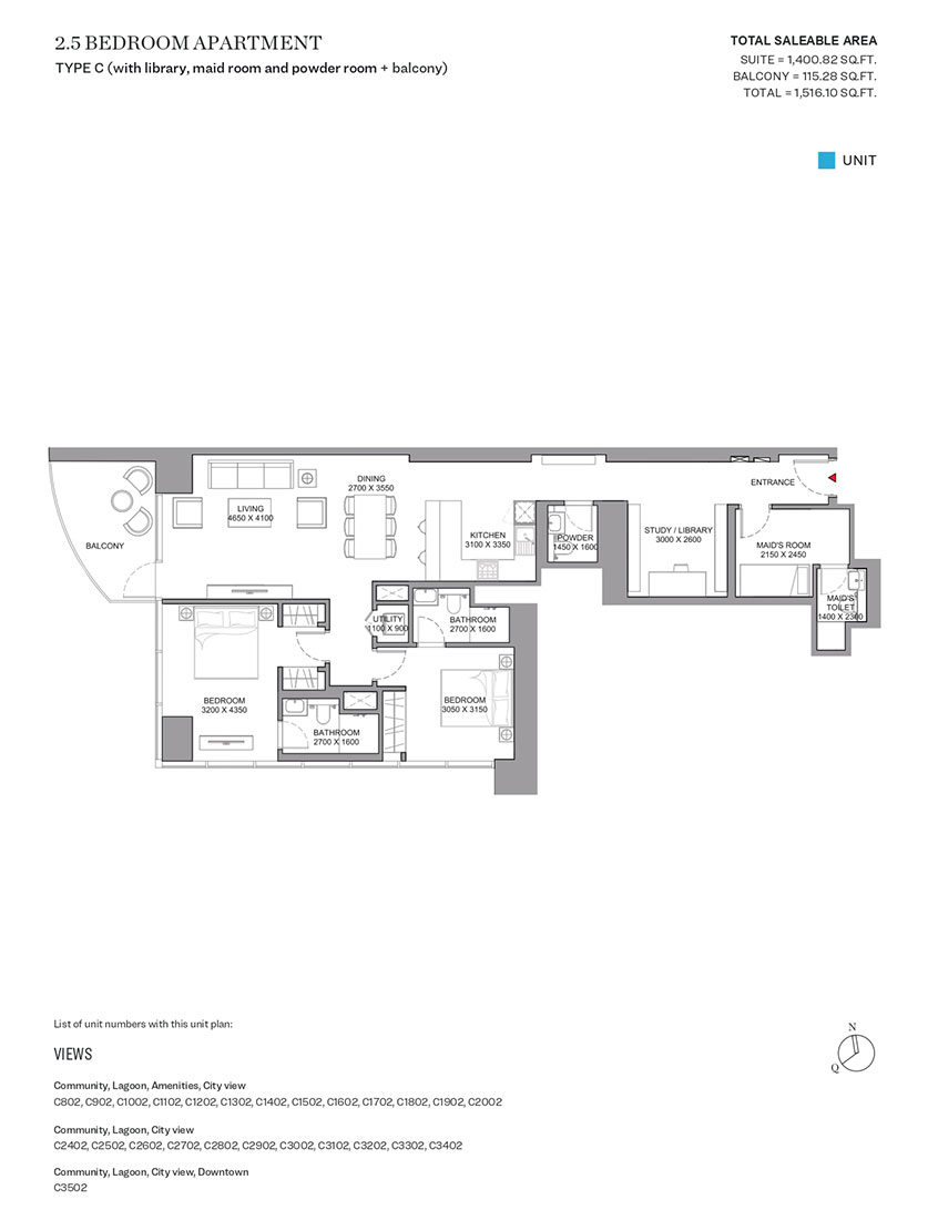 Type C, with Library, Maid Room and Powder Room & Balcony