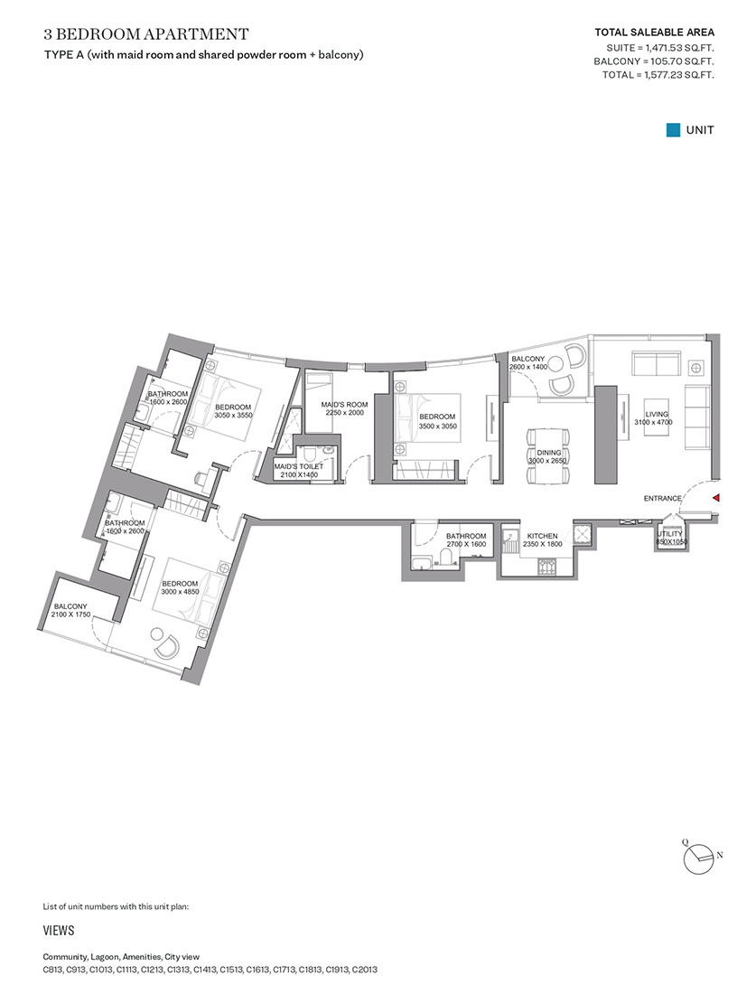 Type A, with Maid Room and Shared Powder Room & Balcony