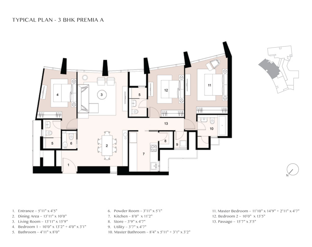Typical Floor Plan, 3 BHK Premia A