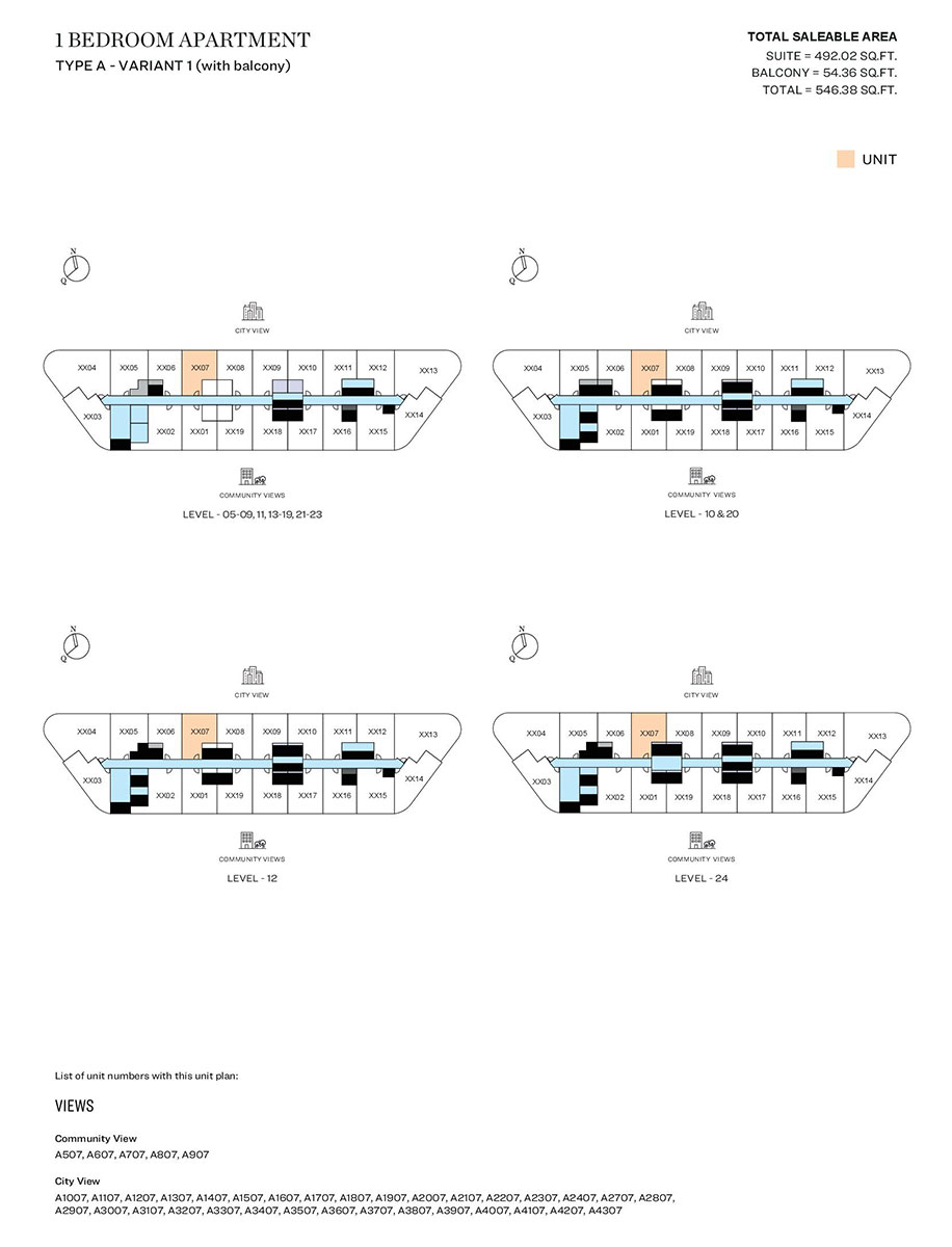 1 Bedroom, Type A - Variant 1 (with balcony), Level 05-09,11,13-19,21,23, Level 10 & 20, Level 12, Level 24
