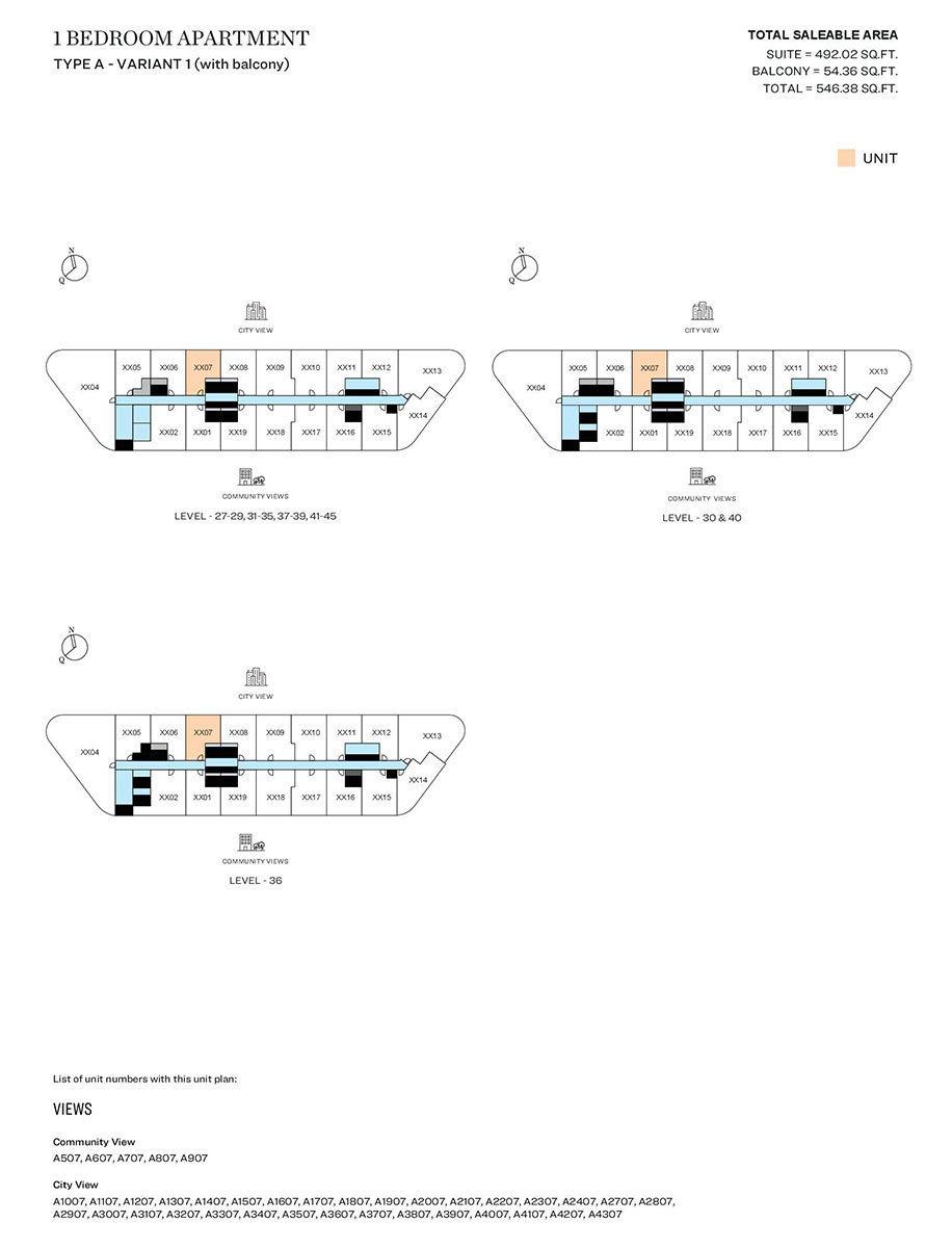 1 Bedroom, Type A - Variant 1 (with balcony), Level 27-29,31-35,37-39,41-45, Level 30 & 40, Level 36