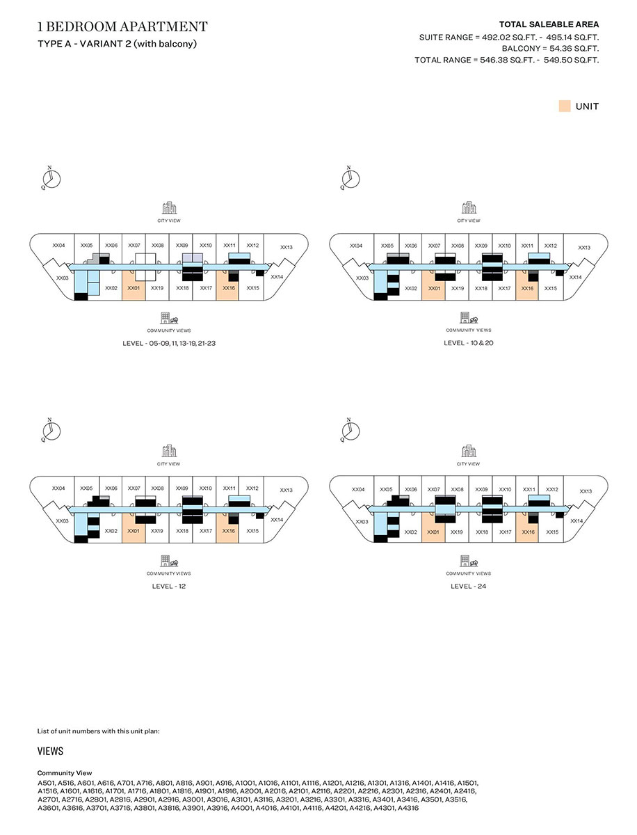 1 Bedroom, Type A - Variant 2 (with balcony), Level 05-09,11,13-19,21,23, Level 10 & 20, Level 12, Level 24
