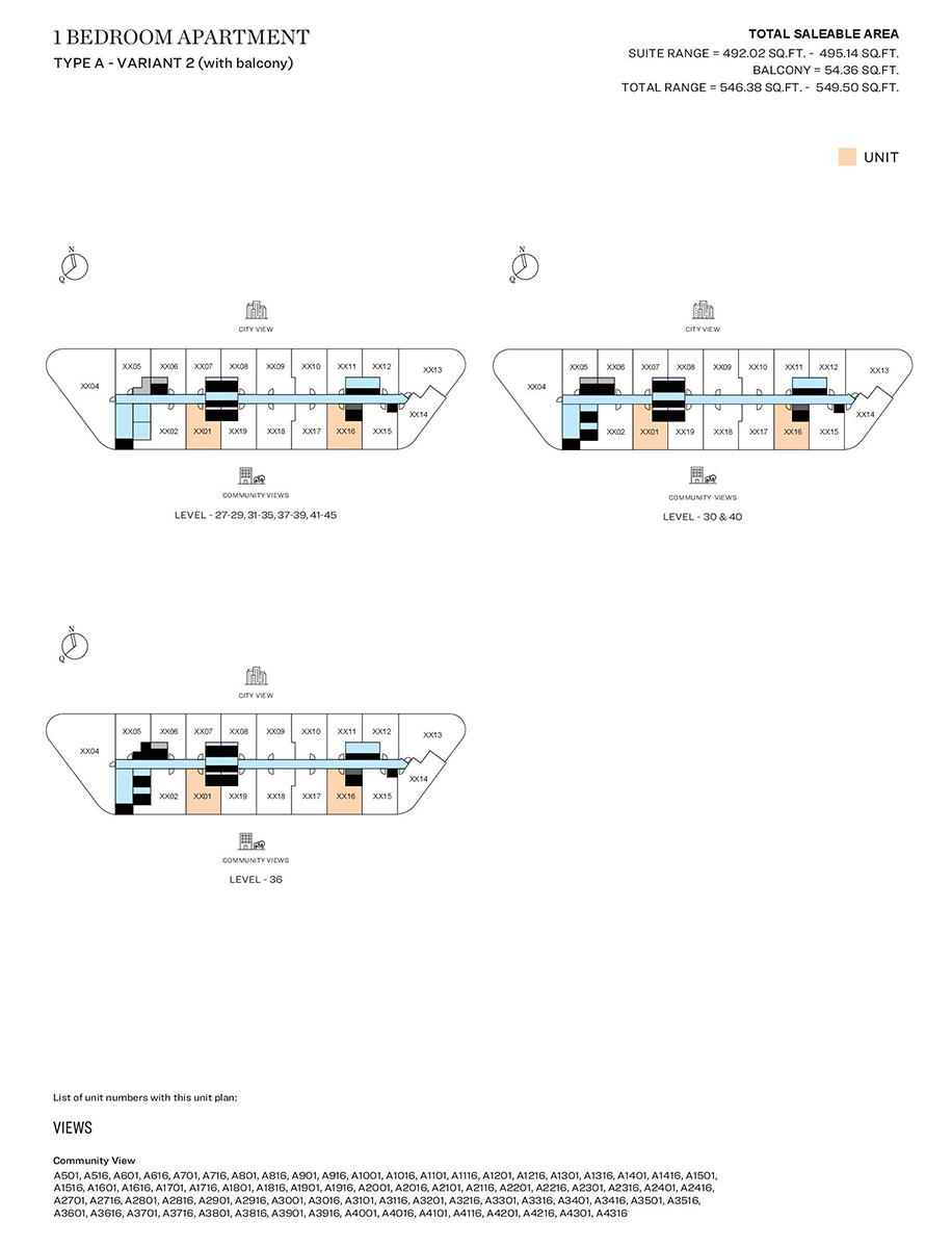 1 Bedroom, Type A - Variant 2 (with balcony), Level 27-29,31-35,37-39,41-45, Level 30 & 40, Level 36