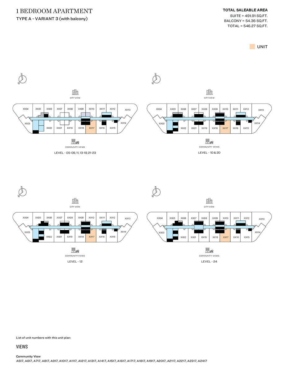 1 Bedroom, Type A - Variant 3 (with balcony), Level 05-09,11,13-19,21,23, Level 10 & 20, Level 12, Level 24