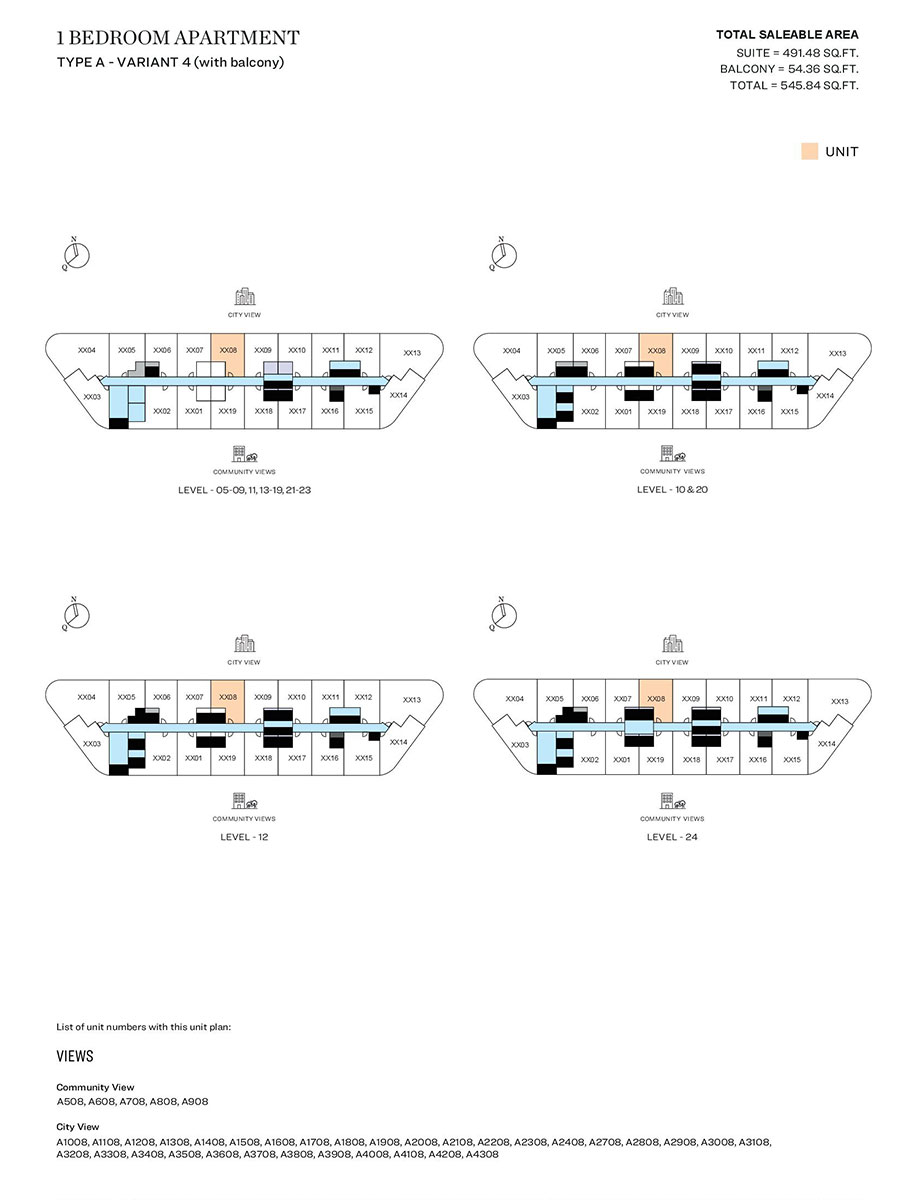 1 Bedroom, Type A - Variant 4 (with balcony), Level 05-09,11,13-19,21,23, Level 10 & 20, Level 12, Level 24