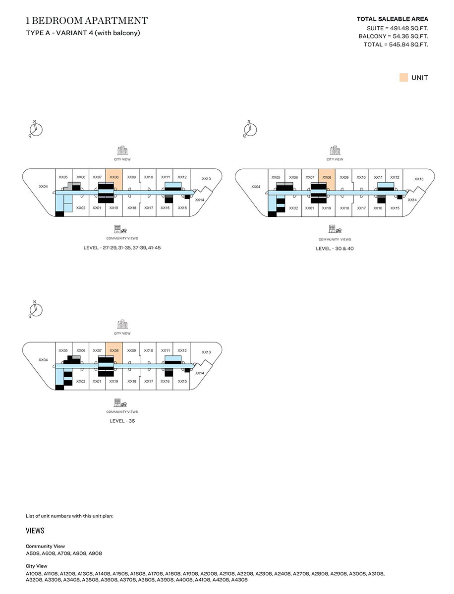 1 Bedroom, Type A - Variant 4 (with balcony), Level 27-29,31-35,37-39,41-45, Level 30 & 40, Level 36