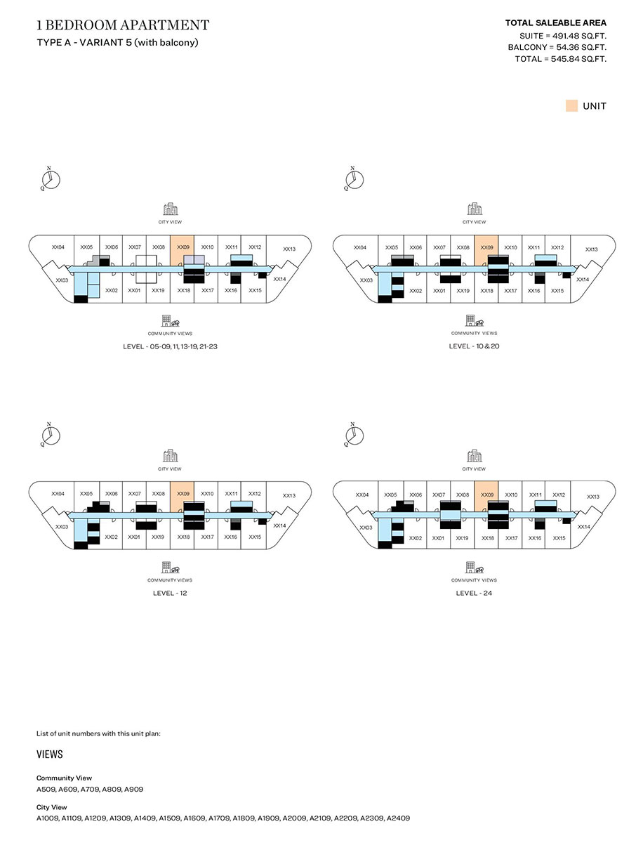 1 Bedroom, Type A - Variant 5 (with balcony), Level 05-09,11,13-19,21,23, Level 10 & 20, Level 12, Level 24
