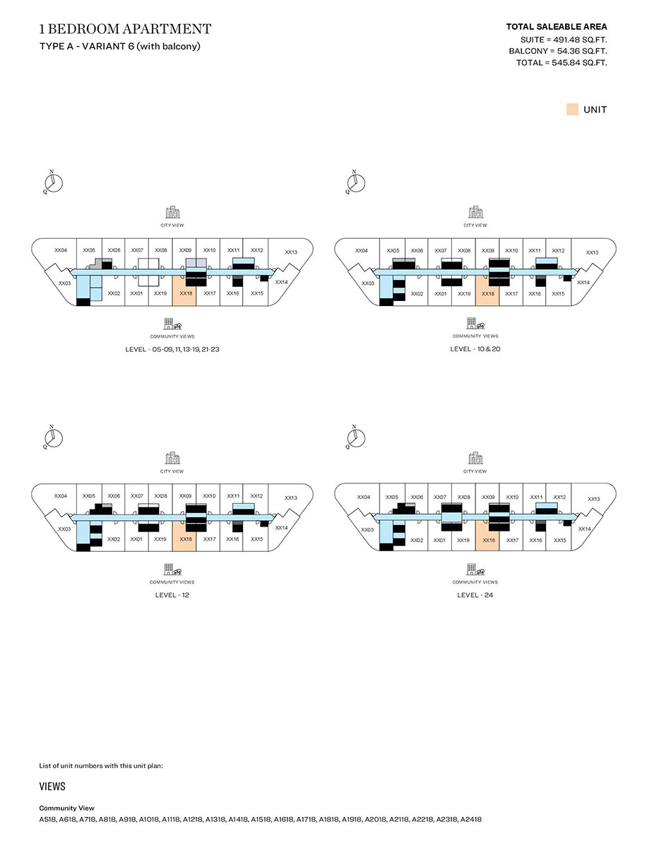 1 Bedroom, Type A - Variant 6 (with balcony), Level 05-09,11,13-19,21,23, Level 10 & 20, Level 12, Level 24