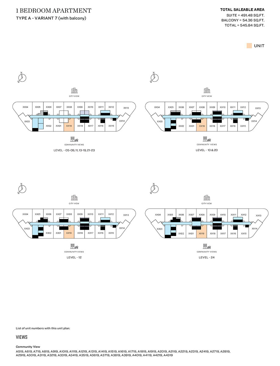1 Bedroom, Type A - Variant 7 (with balcony), Level 05-09,11,13-19,21,23, Level 10 & 20, Level 12, Level 24