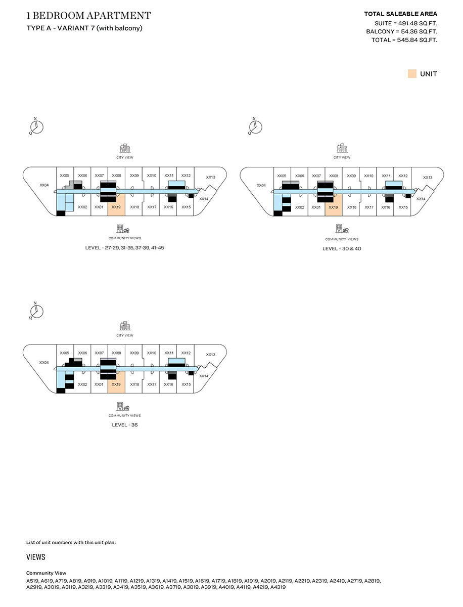 1 Bedroom, Type A - Variant 7 (with balcony), Level 27-29,31-35,37-39,41-45, Level 30 & 40, Level 36
