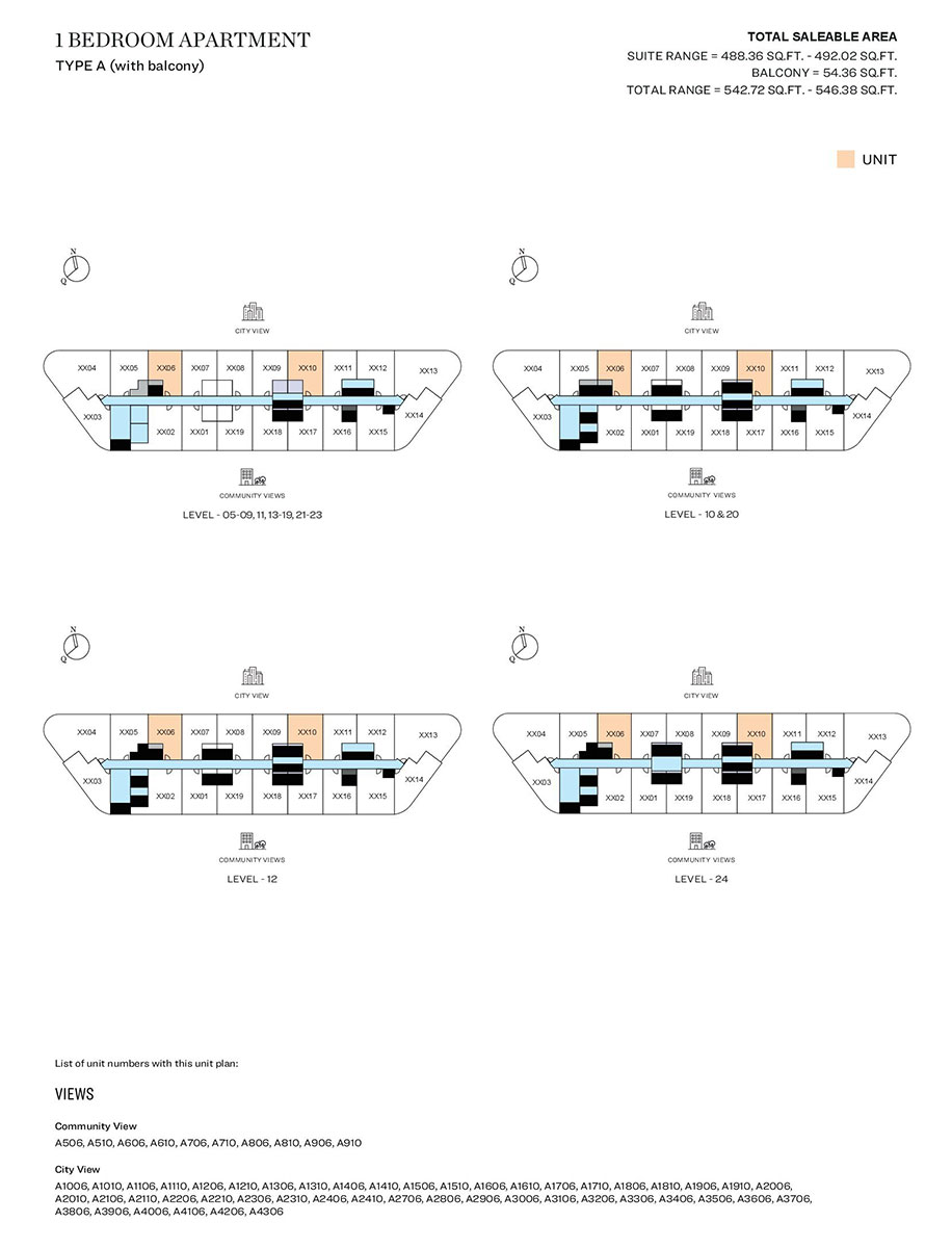 1 Bedroom, Type A (with balcony), Level 05-09,11,13-19,21,23, Level 10 & 20, Level 12, Level 24