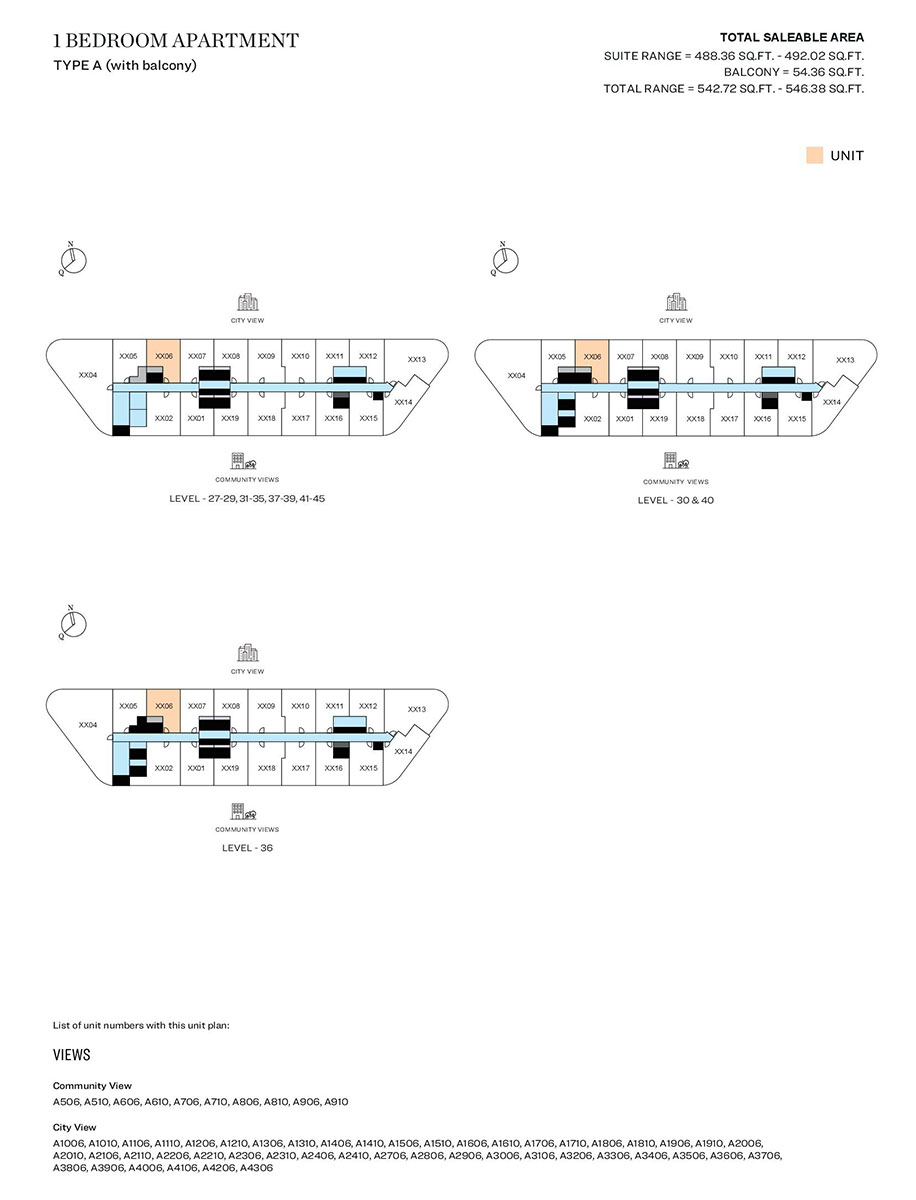 1 Bedroom, Type A (with balcony), Level 27-29,31-35,37-39,41-45, Level 30 & 40, Level 36