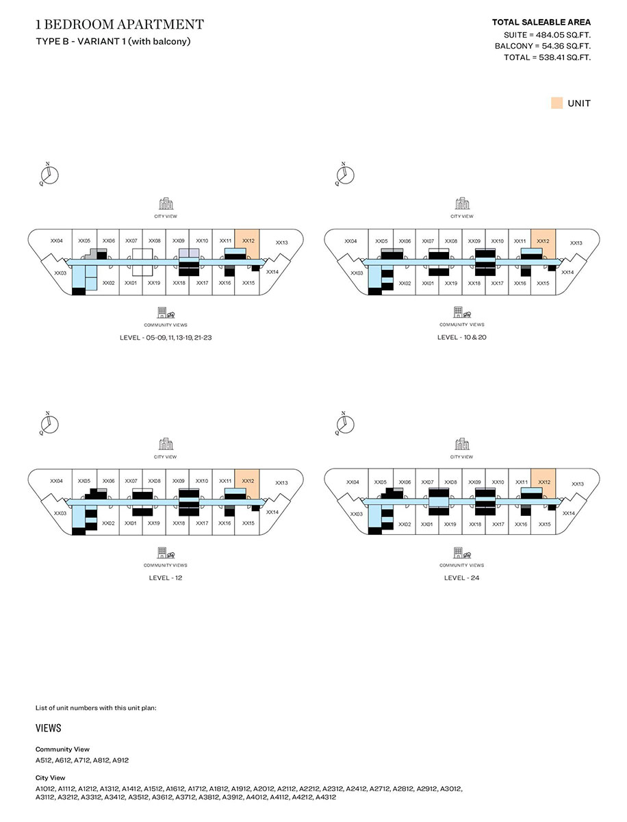 1 Bedroom, Type B - Variant 1 (with balcony), Level 05-09,11,13-19,21,23, Level 10 & 20, Level 12, Level 24