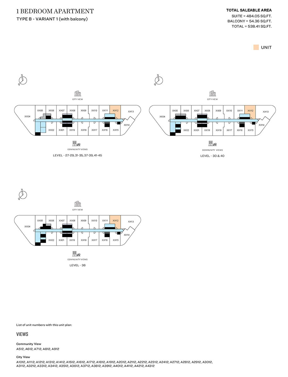 1 Bedroom, Type B - Variant 1 (with balcony), Level 27-29,31-35,37-39,41-45, Level 30 & 40, Level 36