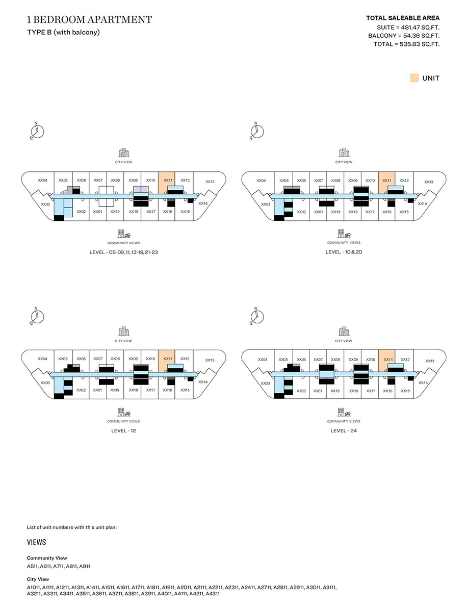 1 Bedroom, Type B (with balcony), Level 05-09,11,13-19,21,23, Level 10 & 20, Level 12, Level 24