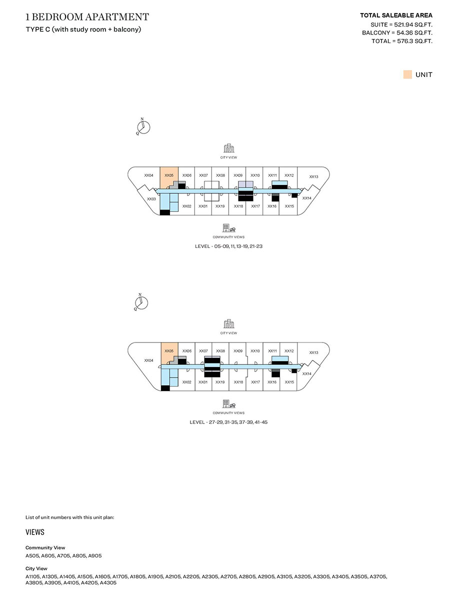 1 Bedroom, Type C (with study room + balcony), Level 05-09,11,13-19,21,23, Level 27-29,31-35,37-39,41-45