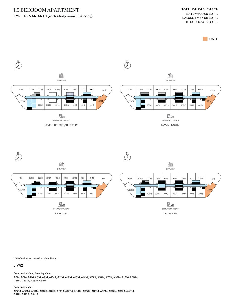 1.5 Bedroom, Type A - Variant 1 (with study room + balcony), Level 05-09,11,13-19,21,23, Level 10 & 20, Level 12, Level 24