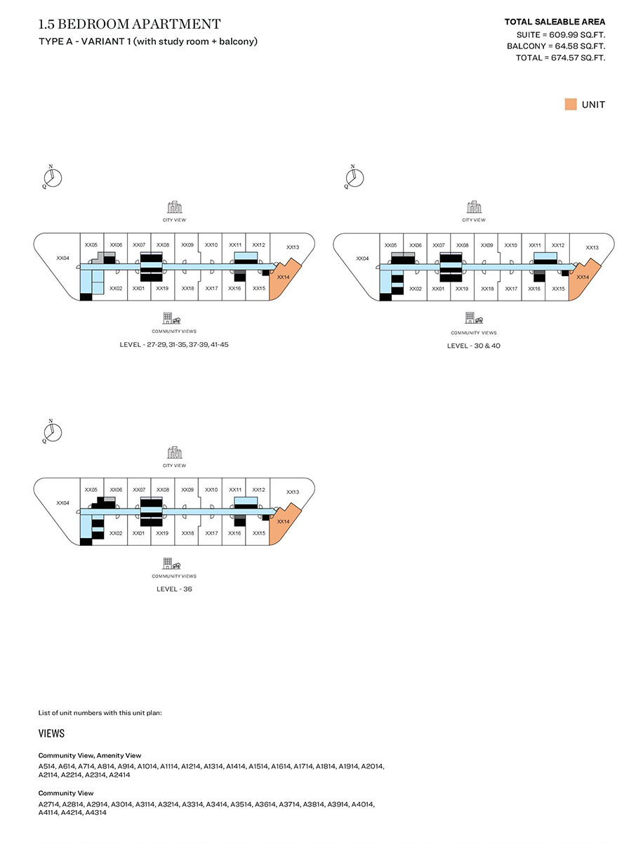 1.5 Bedroom, Type A - Variant 1 (with study room + balcony), Level 27-29,31-35,37-39,41-45, Level 30 & 40, Level 36
