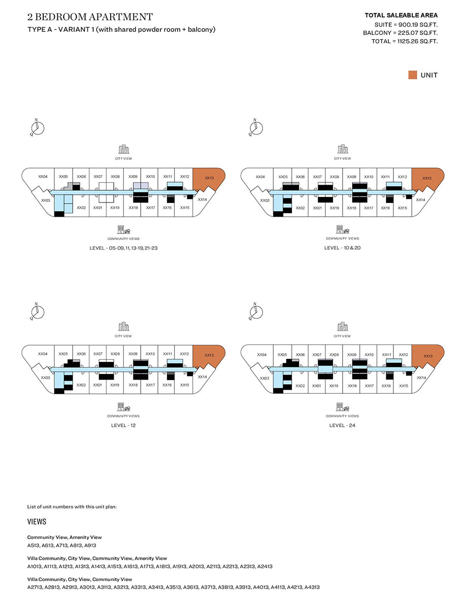 2 Bedroom, Type A - Variant 1 (with shared powder room + balcony), Level 05-09,11,13-19,21,23, Level 10 & 20, Level 12, Level 24