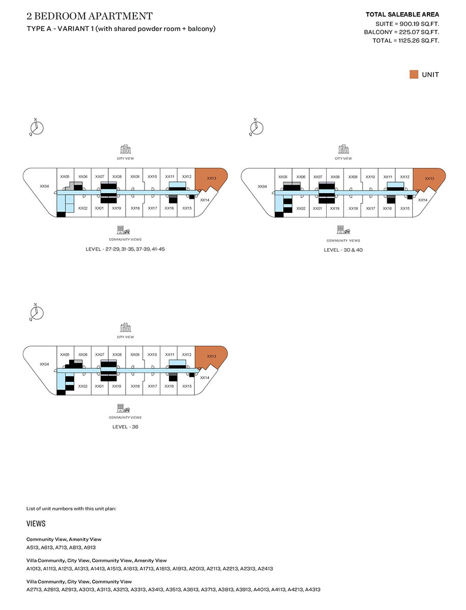 2 Bedroom, Type A - Variant 1 (with shared powder room + balcony), Level 27-29,31-35,37-39,41-45, Level 30 & 40, Level 36