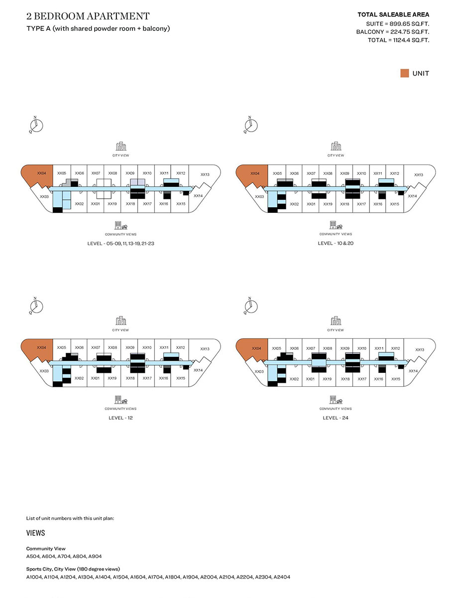 2 Bedroom, Type A (with shared powder room + balcony), Level 05-09,11,13-19,21,23, Level 10 & 20, Level 12, Level 24