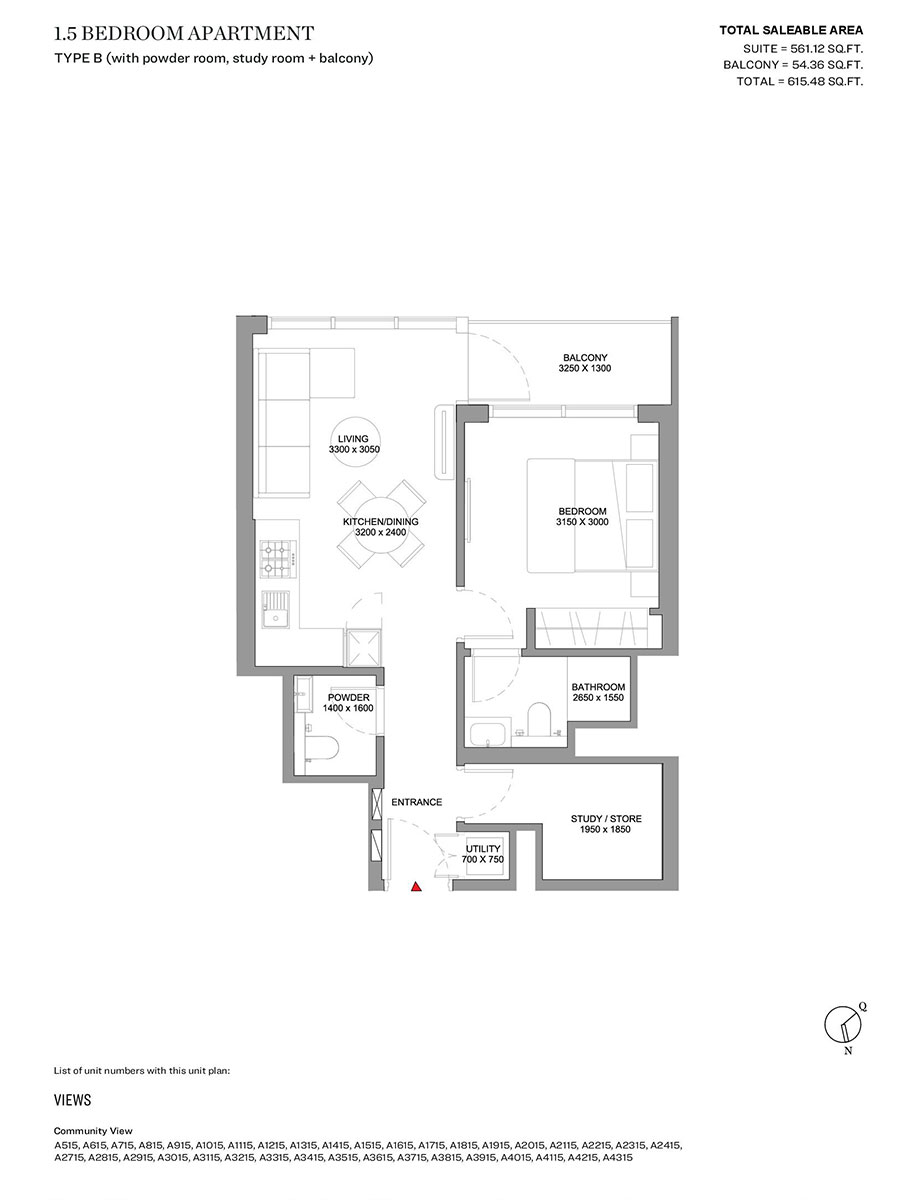 Type B (with powder room & balcony)