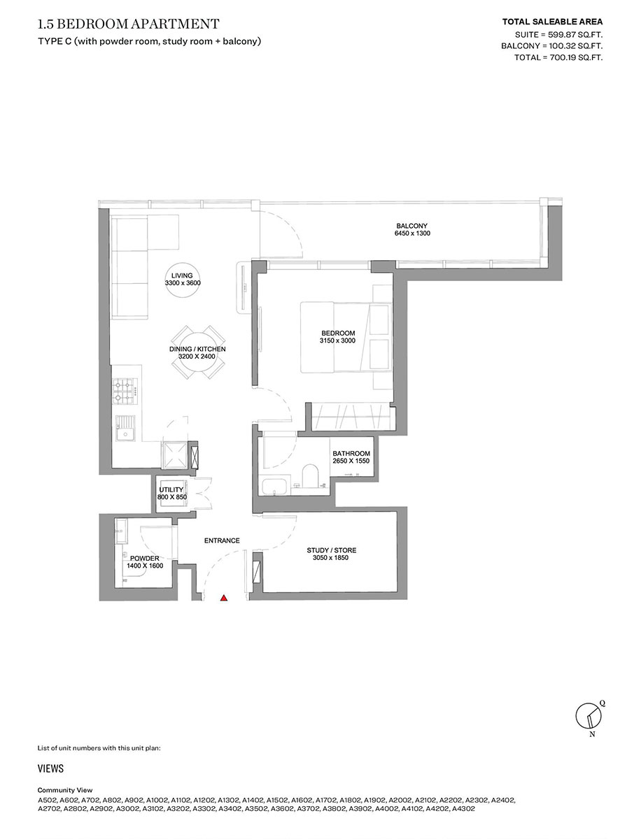 Type C (with powder room & balcony)
