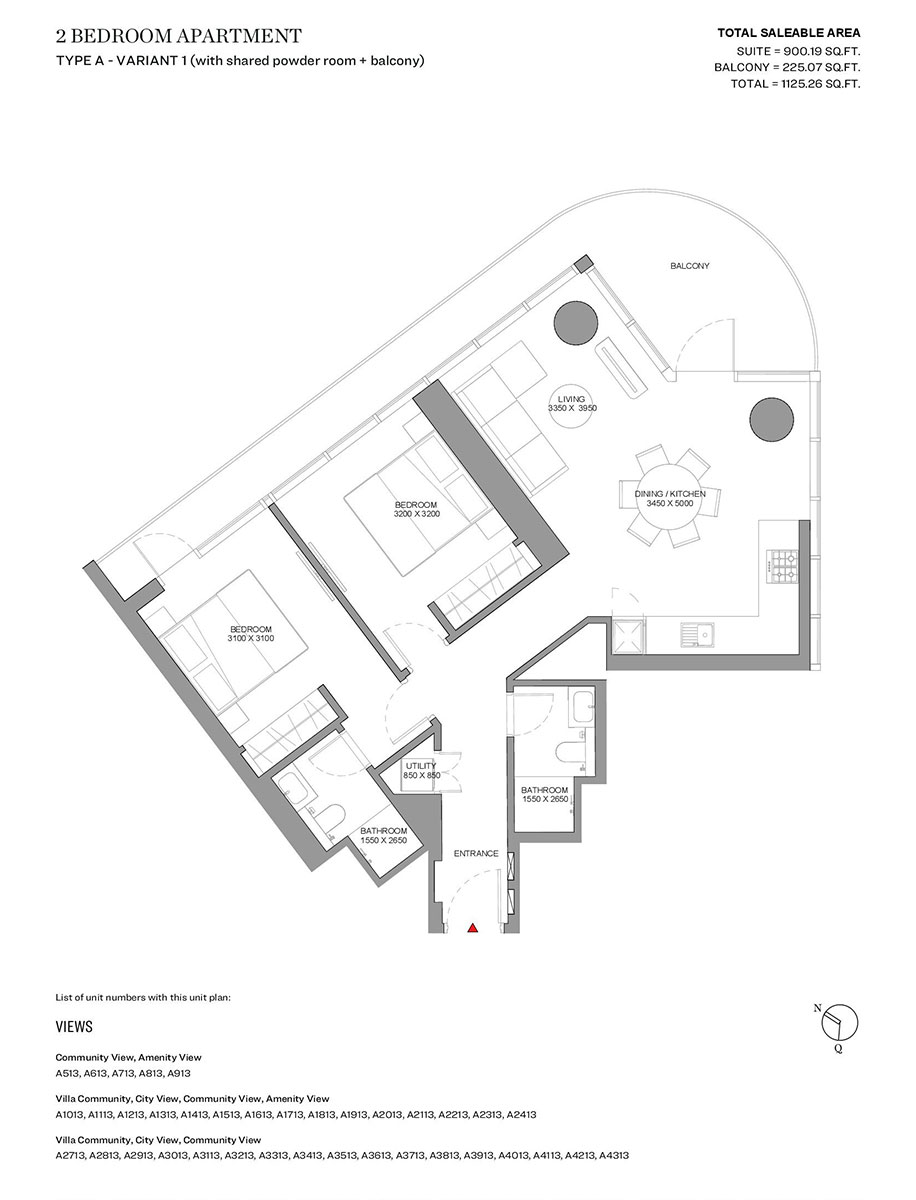 Type A - Variant 1 (with shared powder room + balcony)
