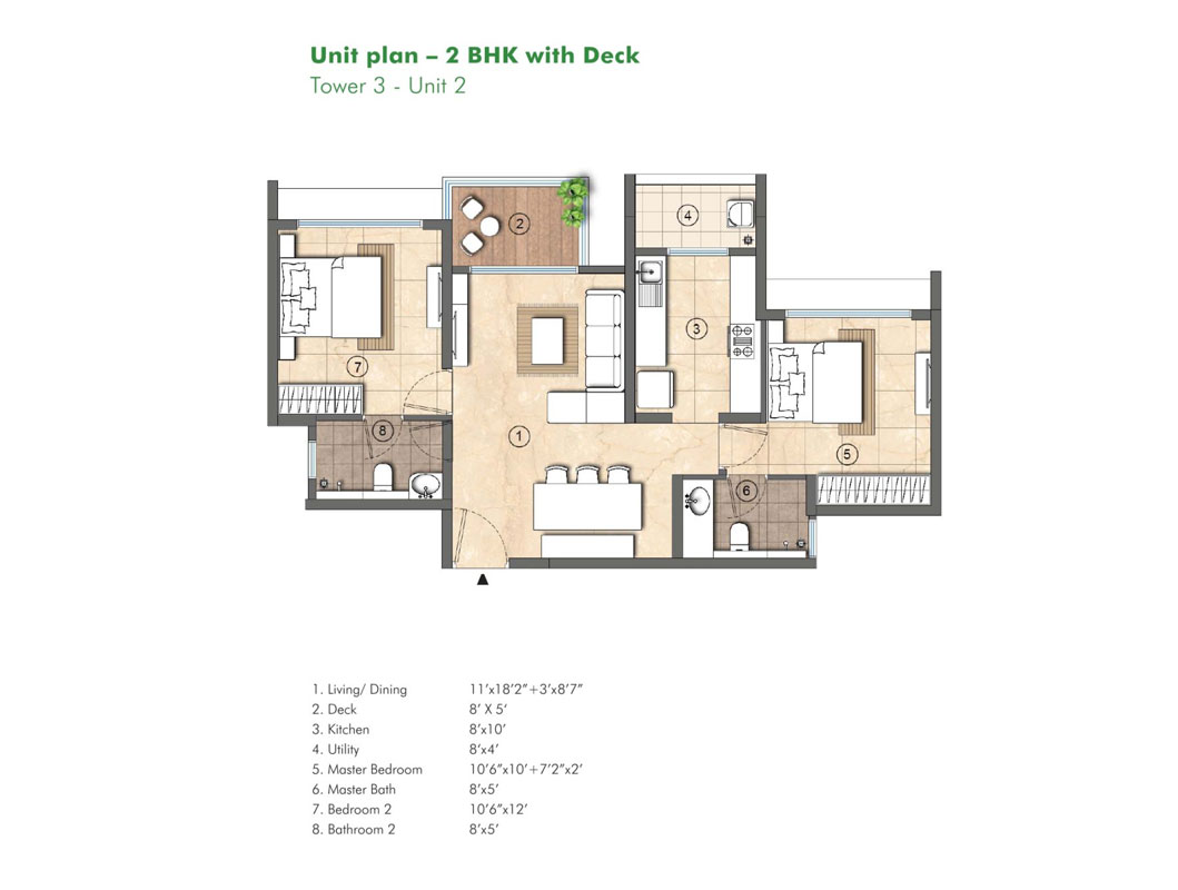 2 BHK with Deck, Tower 3, Unit 2