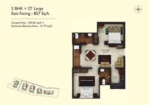 2 BHK + 2T Large, East Facing