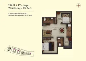2 BHK + 2T Large, West Facing