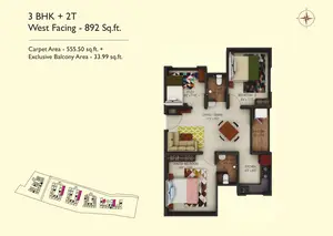 3 BHK + 2T, West Facing