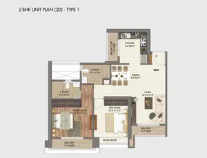 2 BHK Unit Plan, 2D, Type 1