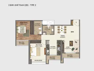 2 BHK Unit Plan, 2D, Type 2