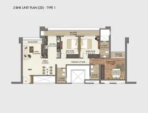3 BHK Unit Plan, 2D, Type 1