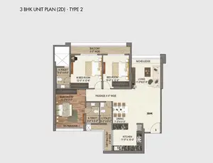 3 BHK Unit Plan, 2D, Type 2