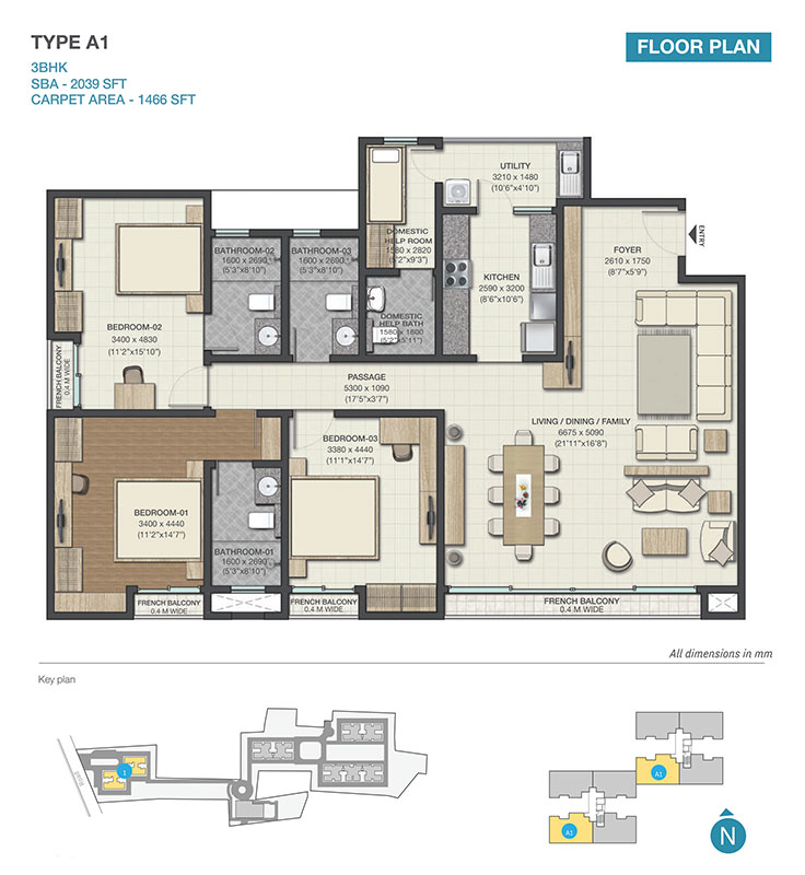 Type A1, 3BHK