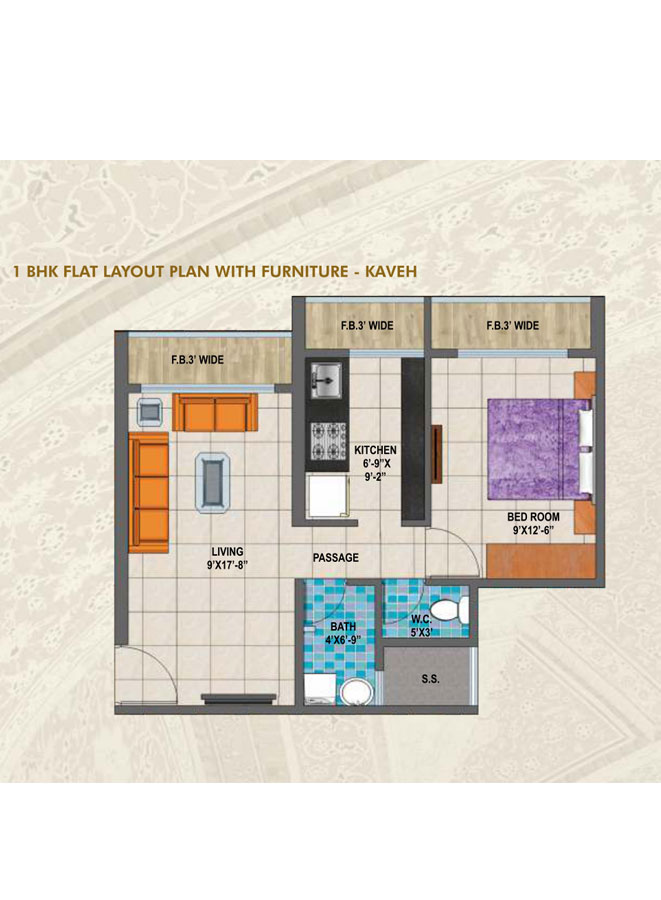 1 BHK Flat Layout Plan With Furniture - KAVEH