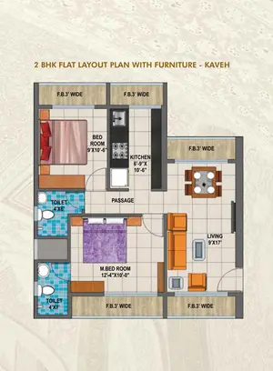 2 BHK Flat, Layout Plan With Furniture - KAVEH