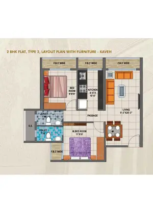 2 BHK Flat, Type 2, Layout Plan With Furniture - KAVEH