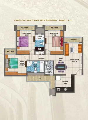 3 BHK Flat Layout Plan With Furniture - BARAZ