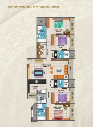 4 BHK Flat Layout Plan With Furniture - ZEENAT
