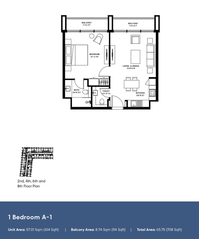 Type A1, 2nd, 4th, 6th and 8th Floor Plan